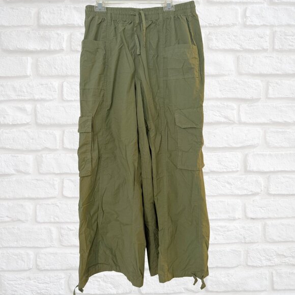 Aerie Army Green Baggy Cargo Pants Size Large Elastic Waist Drawstring Wide Leg - Picture 1 of 11